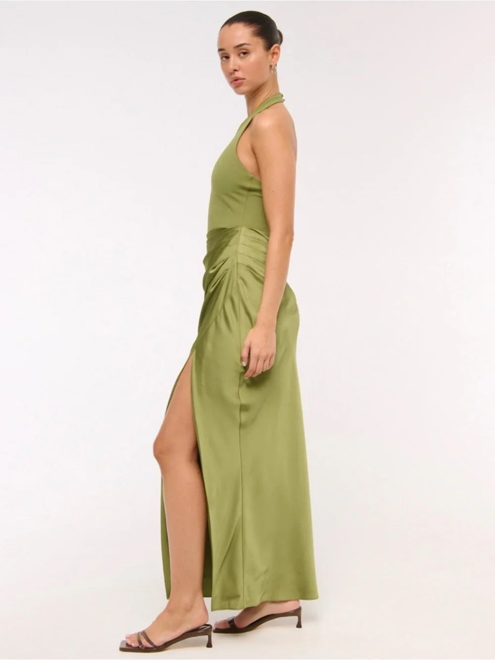 Abercrombie & Fitch Olive Halter Mixed Fabric Maxi Dress with Side Slit